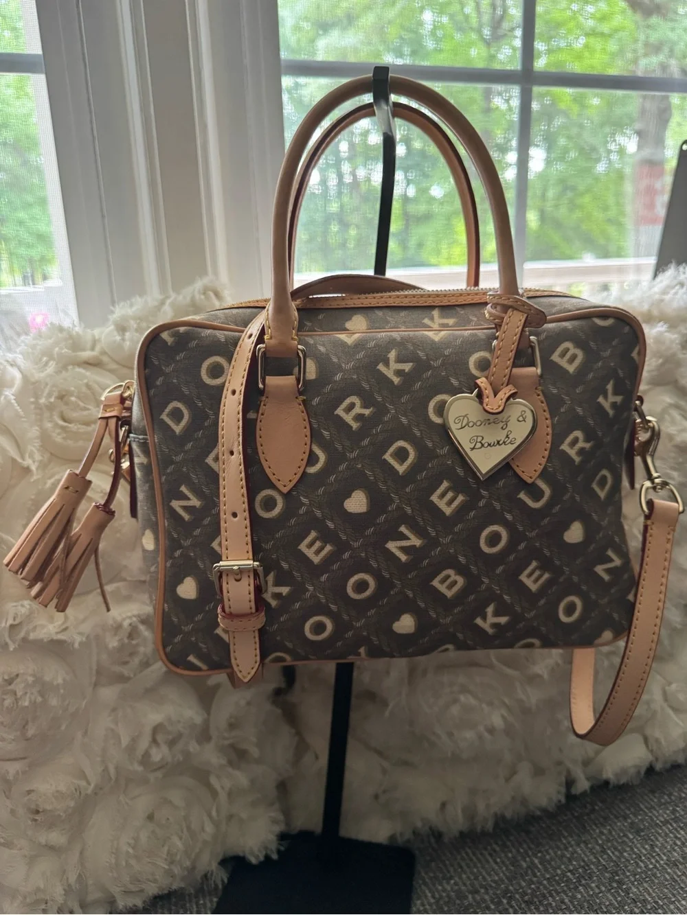 New -Dooney & Bourke Samuela Small Suitcase Satchel Crossbody Brown Monogram EUC